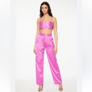 Dynamite Izabel pink Satin 2 piece outfit cargo pants sz 6 and bandeau top L